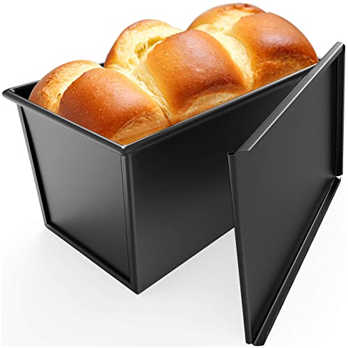 CHEFMADE Pullman Loaf Pan with Lid, 1Lb Dough Capacity Non-Stick Rectangle Flat Bread Pan, Carbon Steel Bakeware Toast Mold with Cover for Baking Bread - Black - size: Black 1 lb Flat