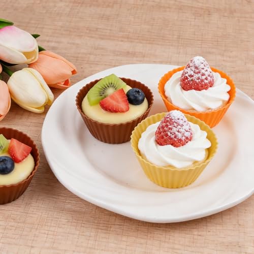 12 Pack Silicone Baking Cups, 4 Colors Silicone Muffin Liners Reusable - color: Wheatfield