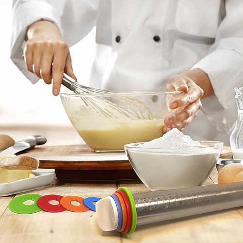 17" Stainless Steel Adjustable Rolling Pin with 4 Sets Thickness Rings, Dough Roller Pin for Pizzas, Pies, Biscuits, Dumplings, Pasta - Easy to Clean