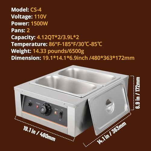 Chocolate Melting Pot 1500W -4.12 QT *2 Tanks, Temp Control 86~176℉, Stainless Steel Electric Commercial Food Warmer for Chocolate/Milk/Cream Meltingream Melting - size: 4.12 QT*2