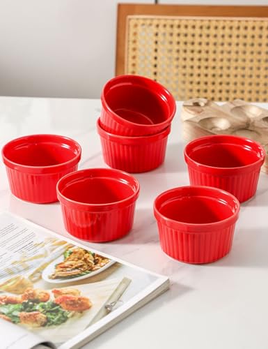 8 oz Ramekins Oven Safe Set of 6, Souffle Dish Baking Bowls, Custard Dessert Cups for Pudding Yogurt Ice Cream, Ceramic Ramiken Bowl, Red - color: Red