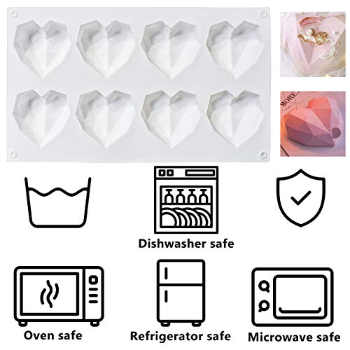 8 Grid Diamond Heart Silicone Cake Chocolate Mold Silicone Baking Pan Mold for DIY Cake Mousse Dessert 3D Diamond Love Heart Shaped Mould for Candy Fondant Ice Cream Soap Cupcake Cheesecake Jelly