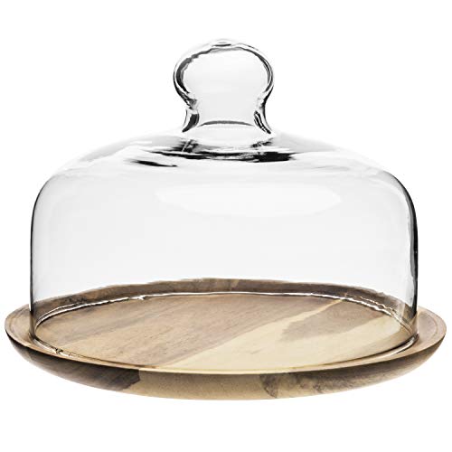 MyGift 7.5 Inch Glass Cloche Dome Dessert Tray with Acacia Wood Base - size: 8"