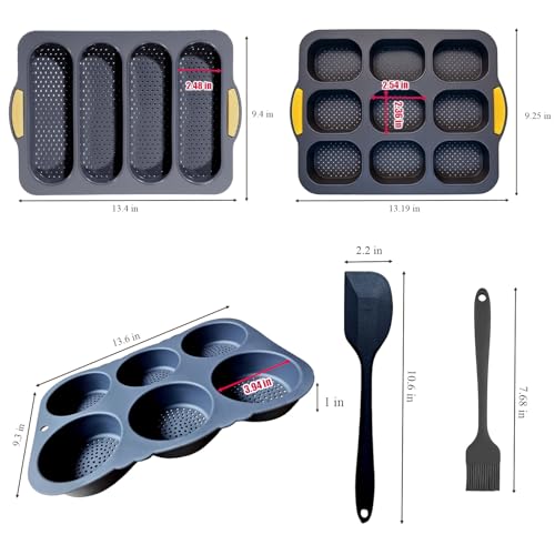 Set of 5 Silicone Hamburger Bun Mold, 4/6/9 Cup Silicone Hotdog Bun Pan with Spatula Brush, Mini Baguette Pans Bread Baking Pan for Homemade Hamburger Buns