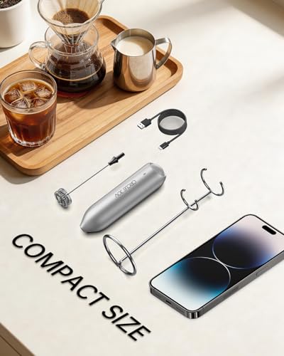 CIRCLE JOY Rechargeable Milk Frother Handheld with Stand, Dual Spring Whisk Electric Foam Maker, Detachable Hand Frother Wand Drink Mixer for Lattes, Cappuccino, Macchiato, Hot Chocolate, Silver - color: Stand Silver