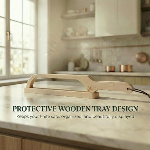 Bread Knife with Wooden Tray, 16.5" Serrated Sourdough Bread Knife, Premium Bow Bread Slicer for Homemade Bread, Bagels & Loaf, Stainless Steel Cutter (Birch, Narrow-Spacing) - color: Birch-Narrow