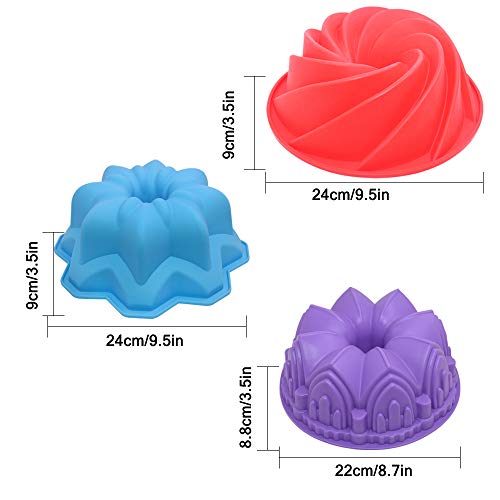 3 Pcs Silicone Cake Bread Baking Molds - Large Swirl, Castle, and Double Flower Shapes for Birthday Party DIY