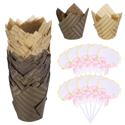 uxcell 100Pcs Tulip Cupcake Liners with 10Pcs Cheese Markers Muffins Liners - color: Natural/Brown