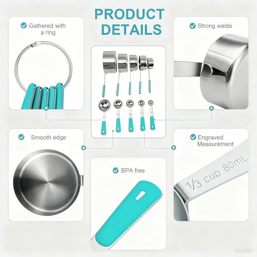 Bopei 10-Pcs Stainless Steel Measuring Cups & Spoons Set, Aqua Sky Handles - color: Aqua Sky