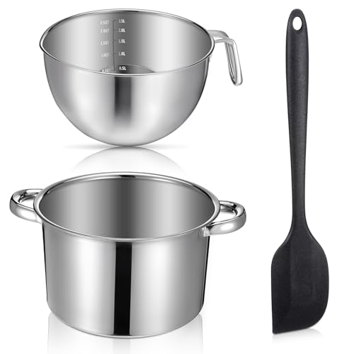 Double Boiler Pot Set, Include 2500ml/2.3QT Mixing Bowl and 4000ml/3.63qt Stainless Steel Pot, Silicone Spatula, For Candy, Soap Wax Candle Making Supplies, Induction Safe