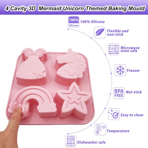 2 Pack Unicorn Molds Silicone 4 Cavity 3D Big Cartoon Themed Baking Mould Tray with Mermaid Rainbow Star for Baby Shower Birthday Party Chocolate Cake Mousse Pastry Soap Crayons Cupcake Topper - style: 4 Cavity Big Unicorn Molds