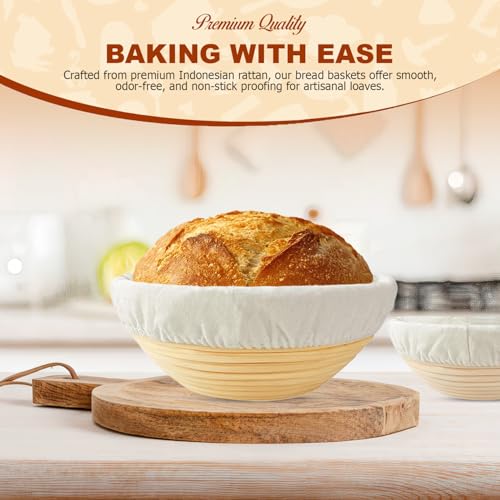 Banneton Bread Proofing Basket, 2 Pack 9-Inch Round Sourdough Proofing Baskets With Linen Liner for Bread Baking, Round Rattan Dough Rising Bowl for Homemade Artisan Loaves - style: Round Basket