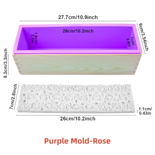 Loaf Soap Making Kit, 44oz Silicone Soap Making Liner Wood Box with Beehive & Hexagon & Rose Mat Creative Honeycomb Mat Mold for DIY Soap Making (Purple & Pink) (Purple Mold-Rose) - color: Purple Mold-Rose