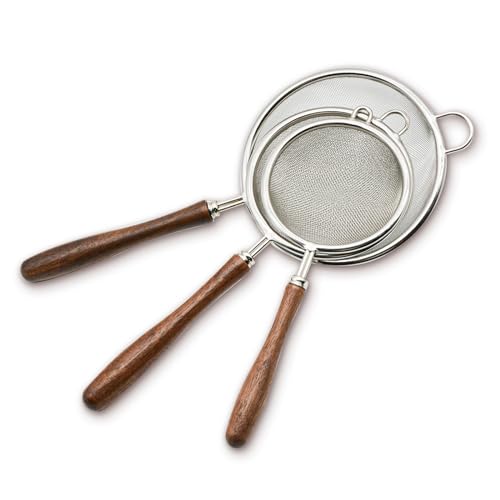 Flylin 3Pcs Stainless Steel Silver Walnut Long Handle Mesh Strainer Set