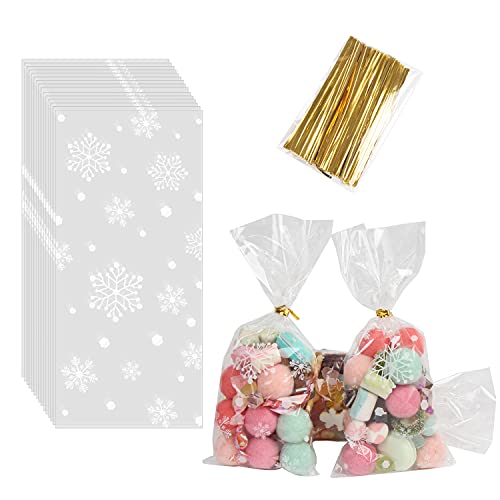 LOMIMOS 120pcs Christmas Cellophane Treat Bags,Clear Plastic Candy Cookie Packing Bags with Twist Ties for Winter Holiday New Year Xmas Party Supplies(Snowflakes) - size: 5x11 Inch (Pack of 120)