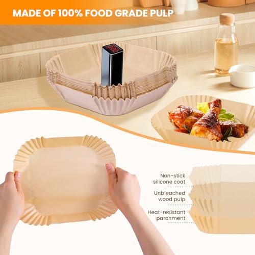 Disposable Air Fryer Paper Liners, 100 Pieces Square Liners for Air Fryer, Parchment Paper for Microwave, Food Grade Non-Stick Airfryer Basket Bowl Liner Free of Bleach (9IN-Square) - size: 9 inches