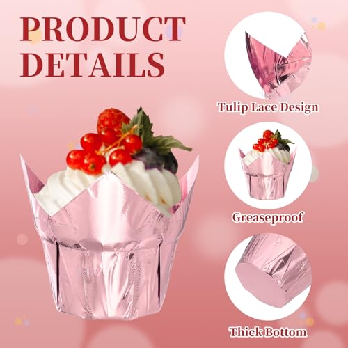 uxcell 100 Pcs Tulip Cupcake Liners, Muffins Liners Aluminum Foil Cupcake Wrappers Baking Cups Muffins Liners for Wedding Birthday Party Supplies, Rose Gold - color: Rose Gold