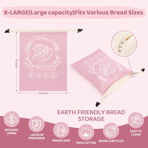 2 Pack Beeswax Bread Bags with Zipper, XL(13x17in) Sourdough Bread Storage for Homemade, Freezer Storage Bag to Keep Fresh, Cotton Beeswax Container, Baguette Bag with Liner, Kitchen Baking (Pink) - color: Pink