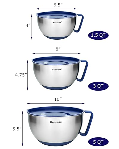 Rorence Stainless Steel Mixing Bowls Set with Lids,1.5,3 & 5 Qt,Blue - color: Blue, size: 3 piece