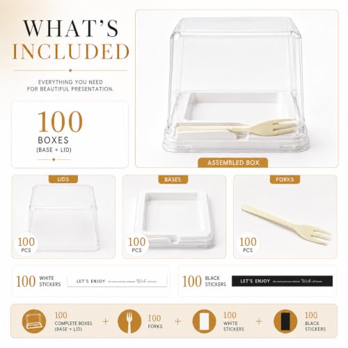 100 Pieces Cake Slice Plastic Containers with Disposable plastic fork and Stickers,4.3 Inches Hinged Lid Cheese cake Container,Cupcake containers,individual cupcake containers, Bakery and Cafe