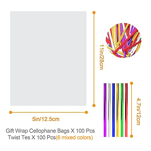100 Pcs Cellophane Treat Bags 5x11 Inch Gift Warp with Twist Ties - size: 5x11 Inch (Pack of 100)