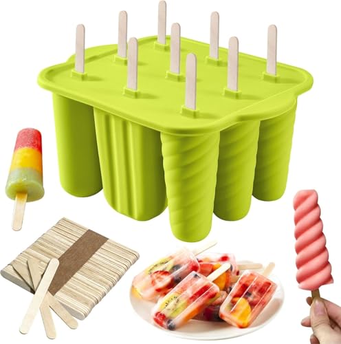 9 Cavity Popsicles Molds with 50pcs Wooden Sticks BPA Free Ice Cream Mold - color: Green