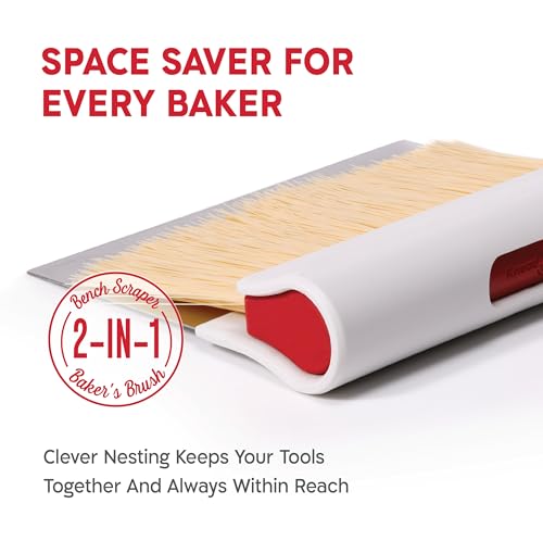 KneadAce Bench Scraper - Dough Scraper with Nesting Baker's Brush Set - color: White, Red