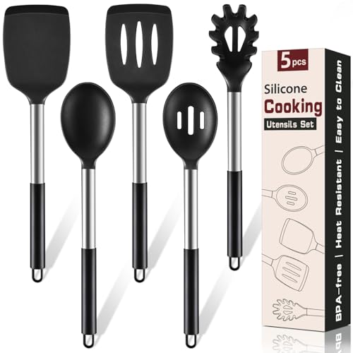 5Pcs Silicone Cooking Utensils Set, Heat Resistant Kitchen Tools Include Solid&Slotted Spatula, Cooking Spoon and Pasta Server, Silicone Kitchen Utensils set for Nonstick Cookware Flipping, Black - color: Black
