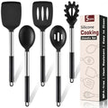 5Pcs Silicone Cooking Utensils Set, Heat Resistant Kitchen Tools Include Solid&Slotted Spatula, Cooking Spoon and Pasta Server, Silicone Kitchen Utensils set for Nonstick Cookware Flipping, Black - color: Black