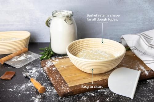 Kook Banneton Bread Proofing Set, Artisan Sourdough Bread Making Kit, 9 Inch Handwoven, Rattan Basket and Liner, Metal & Plastic Dough Scrapers, Scoring Lame & Case, 4 Extra Blades, Round - color: Round Shape
