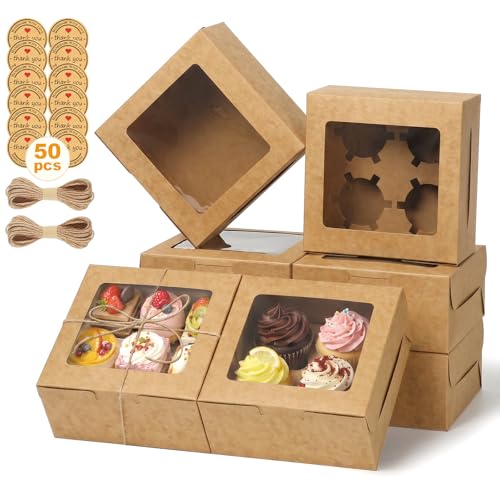 OAMCEG 6x6x3Inch Cupcake Boxes with Window,50 Pcs Cookie Bakery Boxes,Brown - color: brown-stickerA-50pcs