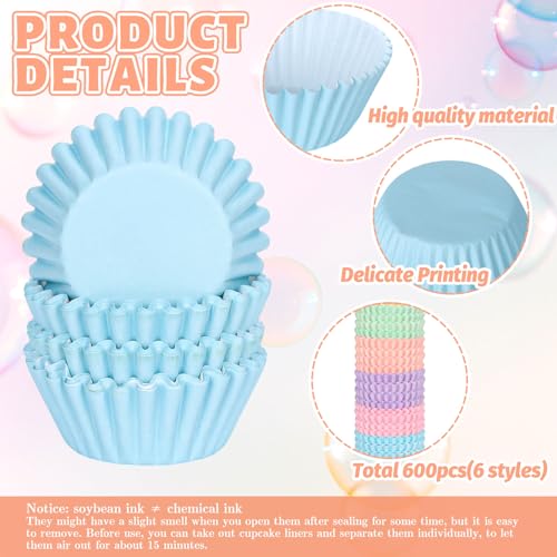 Whaline 600Pcs Pastel Mini Cupcake Liners Colorful Baking Cups Pink Blue Purple Yellow Orange Green Muffin Cupcake Wrappers for Spring Easter Birthday Wedding Bride Baby Shower Party Supplies - color: Pastel