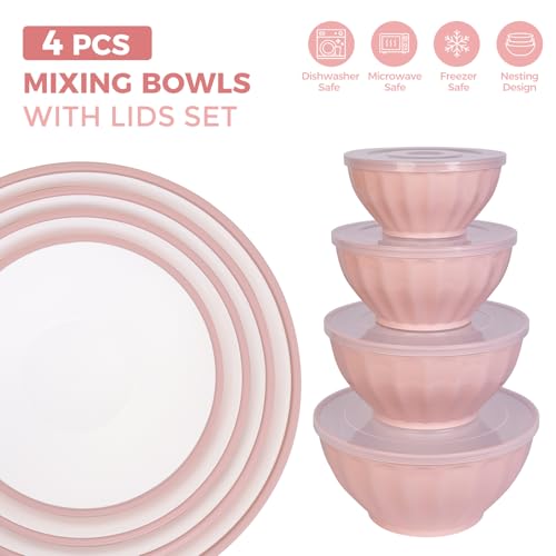 BoxedHome Mixing Bowls with Lids Set, 8 pieces Large 0.2” Thick Plastic Nesting Mixing Bowl, Microwave Safe,Size 5.92, 4.12,3.06,1.80 Quart, Pink - color: 8 PK Pink