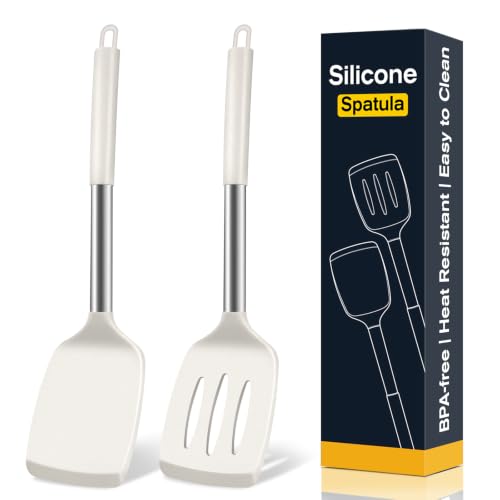 2 Pack Silicone Spatula Set, Solid & Slotted Turner for Non-Stick Pans - color: Beige