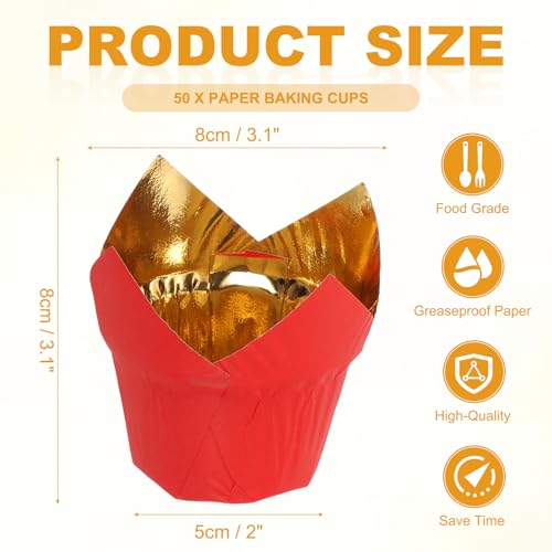 uxcell 50 Pcs Tulip Baking Cups Cupcake Muffins Liners Aluminum Foil Paper Greaseproof Wrappers for Weddings Birthday Party Festivals Christmas, Gold/Red - color: Gold/Red, size: 3.1