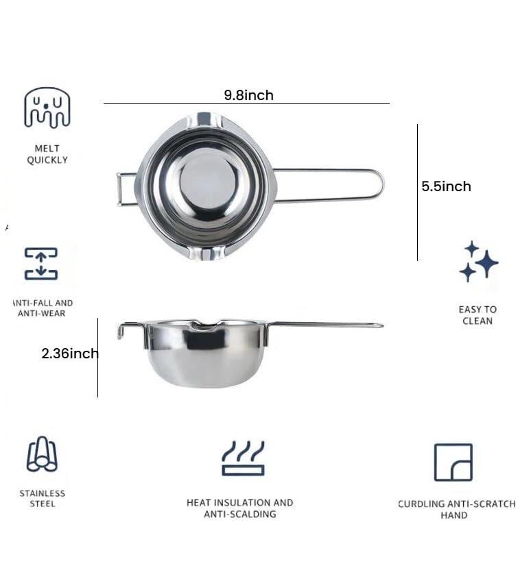 Double Boiler Pot SUS304 Stainless Steel Melting Bowl, 400ML/13oz for Chocolate Candy Cheese Butter Wax Soap Making, with 8inch Long Handle Spoon