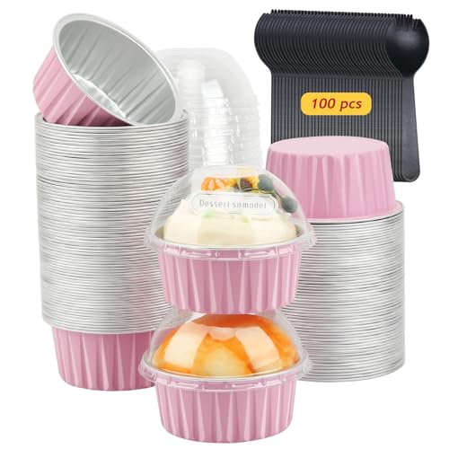 LNYZQUS 5oz Cupcake Pans with Dome Lids 100 Pack, Foil Dot Cake Cups - color: Pink, size: 5 oz