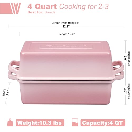 VORRINGARD Enameled Cast Iron Loaf Pan with Lid, Double Bread pan, Bread Dutch Oven for Sourdough Bread Baking, Cake, Meatloaf, 10X5.5 inch, 4 Quart, Pink - color: Pink