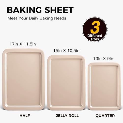 HONGBAKE Cookie Sheets, Baking Sheet Set, Nonstick Oven Pan with Wider Grips, 3 Pack Half/Jelly Roll/Quarter Baking Tray, Premium & Dishwasher Safe - color: Champagne Gold