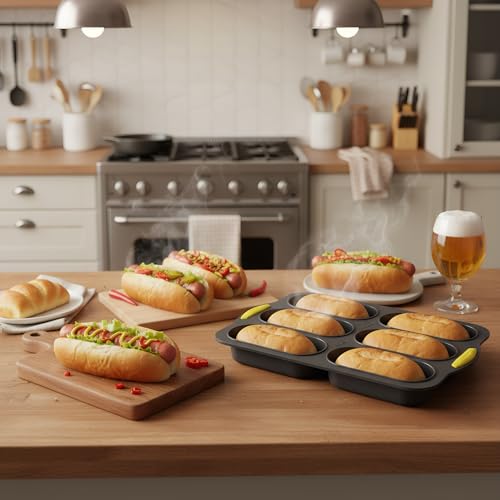 TOPZEA 3 Pcs Silicone Hot Dog & Hambergur Buns Pan Set, 6 Cavity Nonstick Baguette Bread Loaf Mold Perforated Hoagie & Sandwich Roll Baking Pans with Scraper for Homemade Ham Burger, Hotdog, Oven Safe