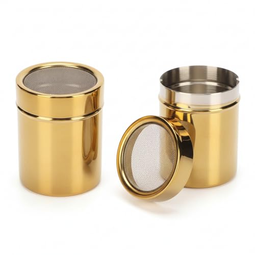 Gold Powder Sugar Shaker Duster with Fine Mesh - 304 Stainless Steel Cinnamon Dispenser for Coffee, Chocolate, Flour, Spices - Screw-On Lid Dredge for Baking (2 Pack) - color: 2 Pack
