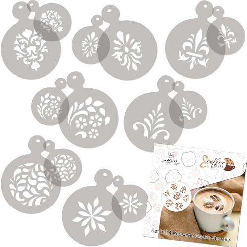 NAKLEO Coffee Stencils and Cookies Decoration 14Pcs 2.8”x2.8” and 4.3”x4.3”, Reusable Plastic Baking Templates, Ornament Pattern Decor, Barista DIY Art Craft, Capuccino Latte Chocolate Cake Biscuit - size: ORNAMENT