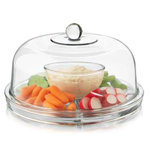 Libbey Selene 6-in-1 Domed Cake Stand, Unique Space Saving Glass Cake Stand with Dome, Multi-Purpose Dip Bowl To Serve Snacks and More - color: 6 in 1 Glass