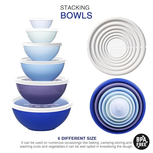 Greentainer Plastic Mixing Bowls with Lids Set for Kitchen, 6 Set Nesting Bowls for Mixing, Baking, Prepping, Cooking and Serving Food, Mixing Bowls Dishwasher, Microwave Safe - color: Dark Blue