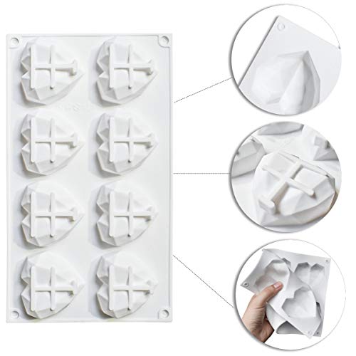 8 Grid Diamond Heart Silicone Cake Chocolate Mold Silicone Baking Pan Mold for DIY Cake Mousse Dessert 3D Diamond Love Heart Shaped Mould for Candy Fondant Ice Cream Soap Cupcake Cheesecake Jelly