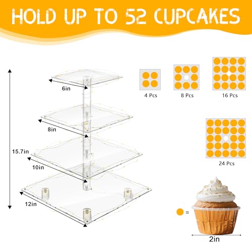 Cupcake Stand 4 Tier Acrylic Cupcake Tower with Yellow LED String Lights - color: Yellow Light, size: 4 Tier
