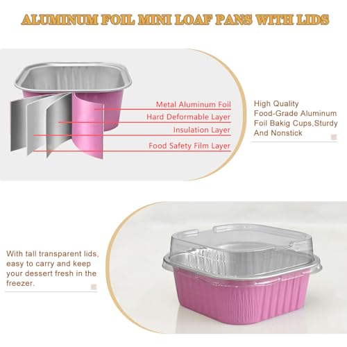 Mini Cake Pans With Lids And Spoons 10 oz 50 Pack Individual Small Cake Aluminum Foil Pans Disposable Square Mini Brownie Baking Cupcake Liners Muffin Tin tins (Pink, 10oz) - color: Pink, size: 10oz