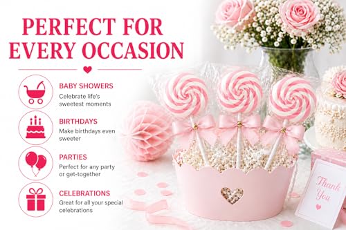 PINK SWIRL LOLLIPOPS WITH BOW - 24 CANDY SUCKERS INDIVIDUALLY WRAPPED - GIRL BABY SHOWER POPS - CANDY BUFFET - color: PINK