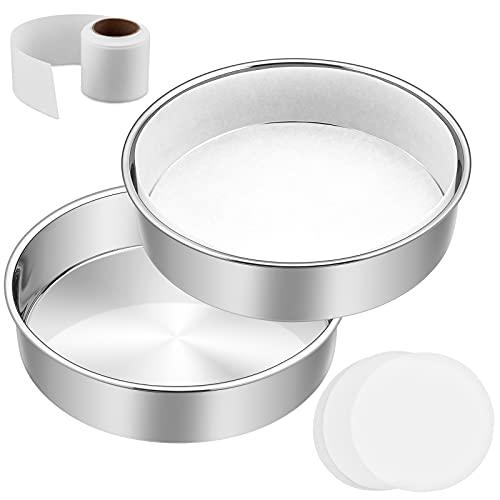E-far 9½ Inch Cake Pan Set of 2, Stainless Steel Round Layer Cake Baking Pans with Parchment Rounds & Side Liner Roll, Non-Toxic & Healthy Metal Cakes Tin, Straight Side & Dishwasher Safe - size: 9½ Inch, style: 2 Cake Pans