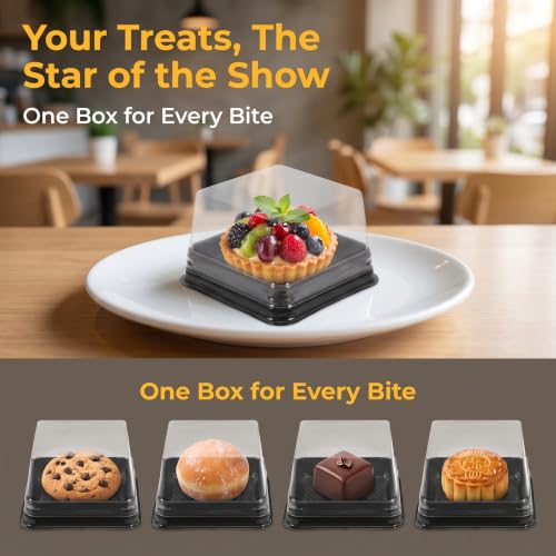 100 Set Plastic Single Individual Cupcake Containers Muffin Dome Holders with Lids, Mini Cupcake Containers Square Moon Cake Box Stand, Cookies Muffins Dome Box Mini Dessert Boxes- Black